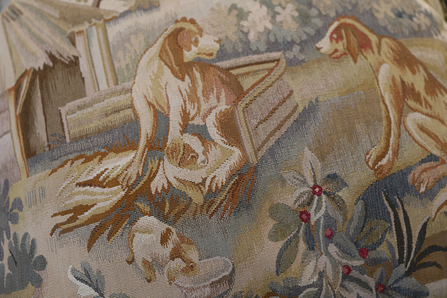 24"x24" Beige Pictorial Dog Aubusson Wool and Silk Pillow
