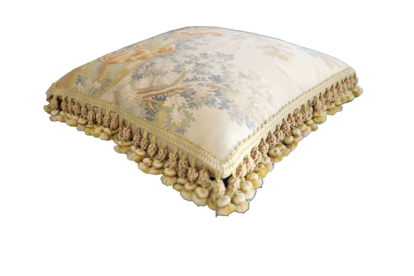 24"x24" Beige Pictorial Dog Aubusson Wool and Silk Pillow