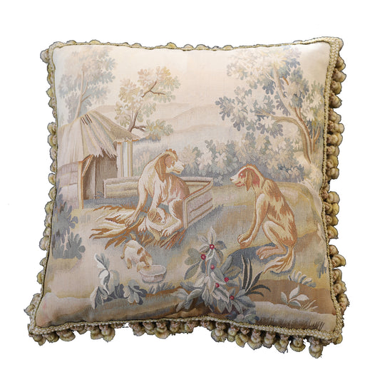 24"x24" Beige Pictorial Dog Aubusson Wool and Silk Pillow Case