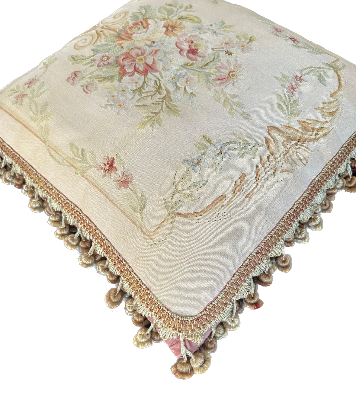 24" x 24" Beige Floral Aubusson Decorative Pillow