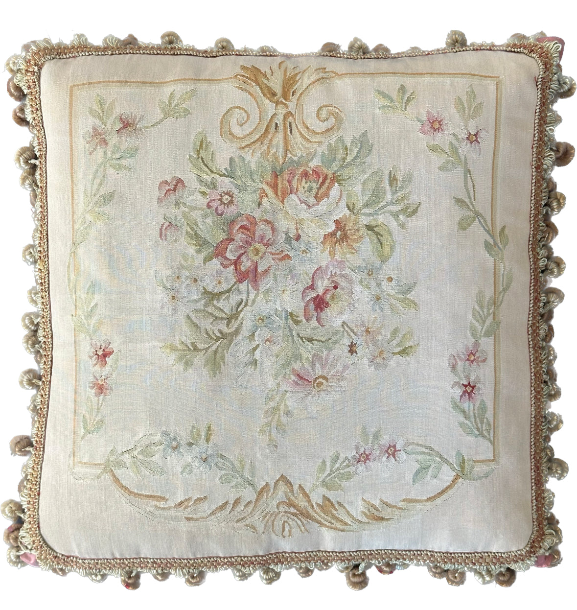 24" x 24" Beige Floral Aubusson Decorative Pillow