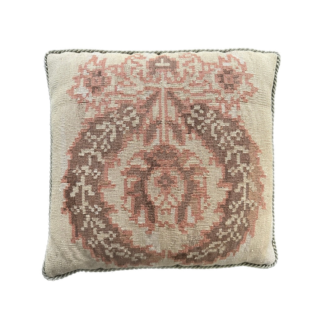 20"x20" Tan and Brown Handwoven Wool Aubusson Pillowf