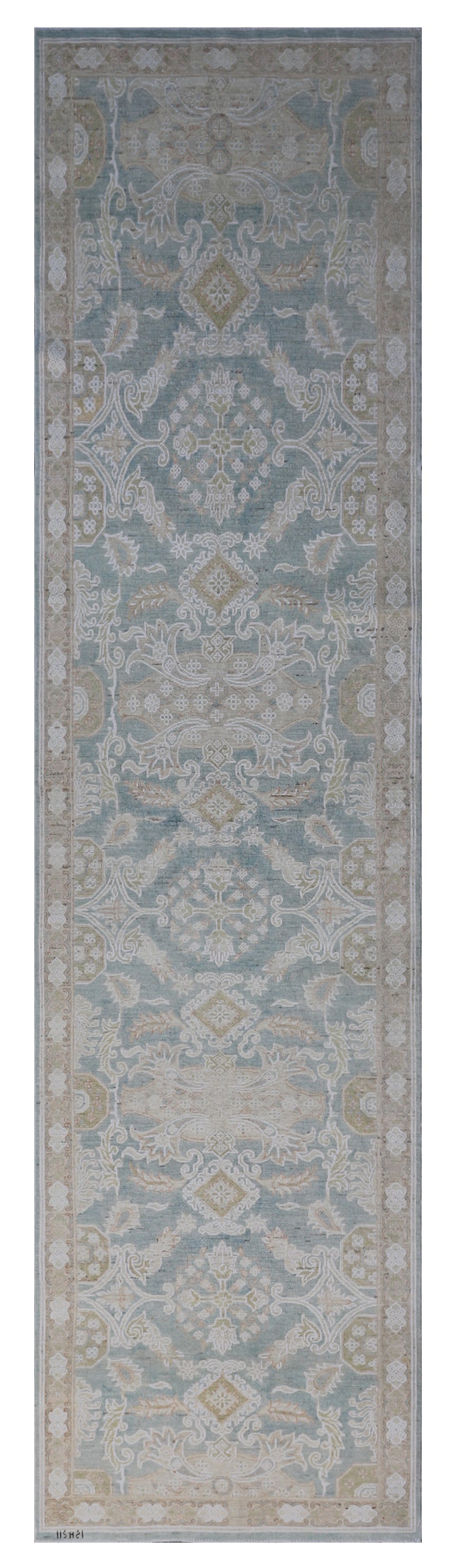 12'x3' Ariana Geometric Caucasian Design Blue Beige White Runner Rug