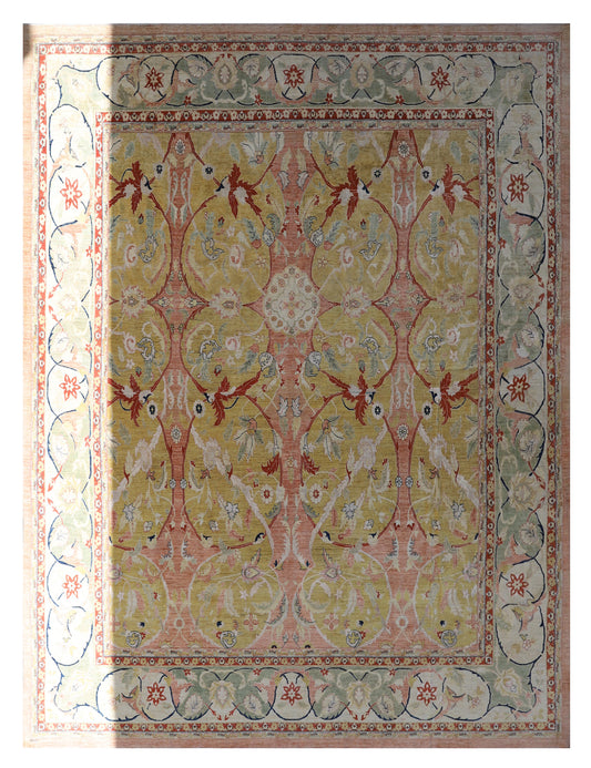 13'x14' Square Polonaise Design Silk and Wool Fine Hand Knotted Ariana Luxury Rug