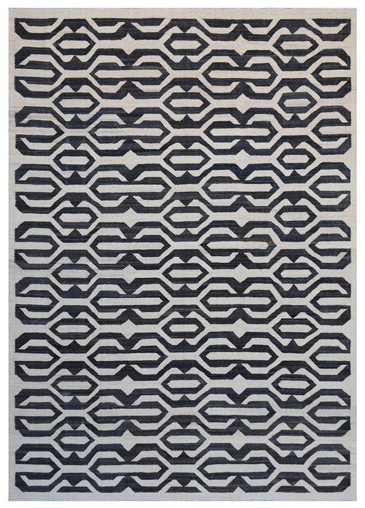 9'x12' Ariana White Navy-Blue Geometric Handmade Kilim Rug
