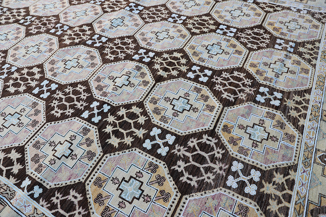 9'x12' Dark Brown Blue Beige Elephant foot Design Ariana Transitional Design