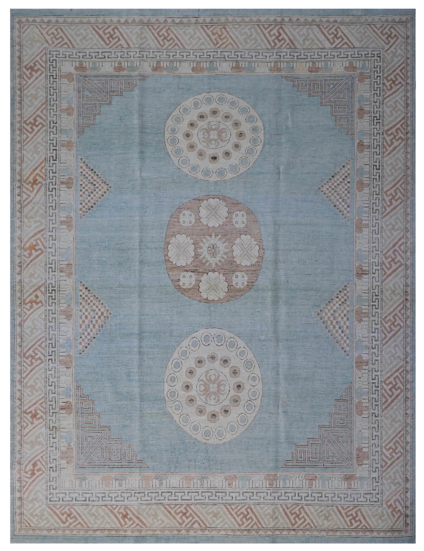 8'x10' Blue Three Medalion Ariana Samarkand Design Brown Border Rug