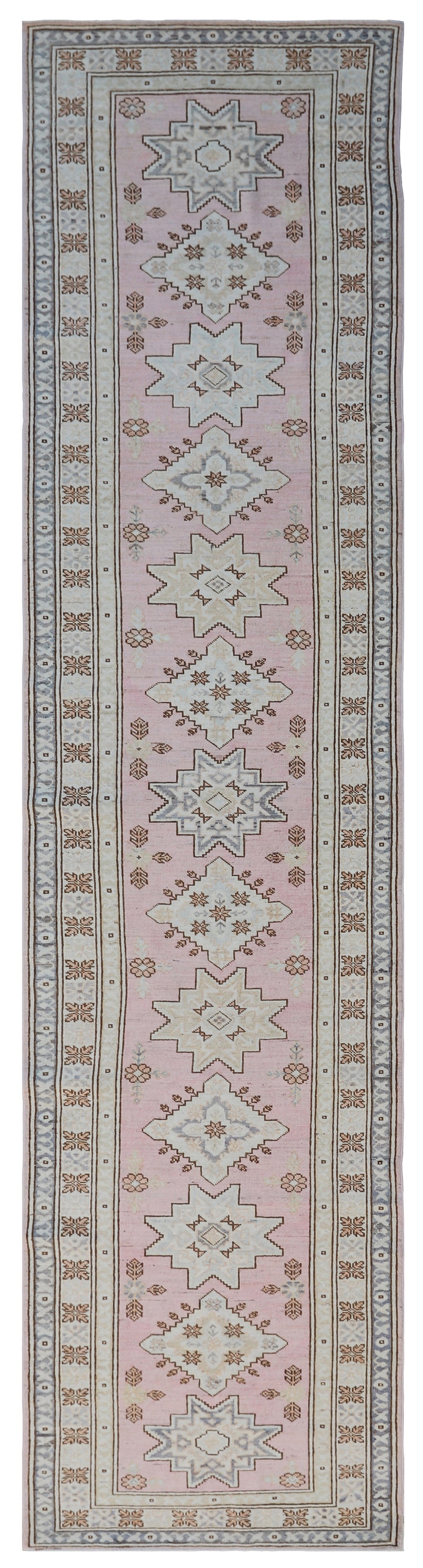 3'x11' Ariana Caucasian Design Geometric Pink Blue Ivory Runner Rug