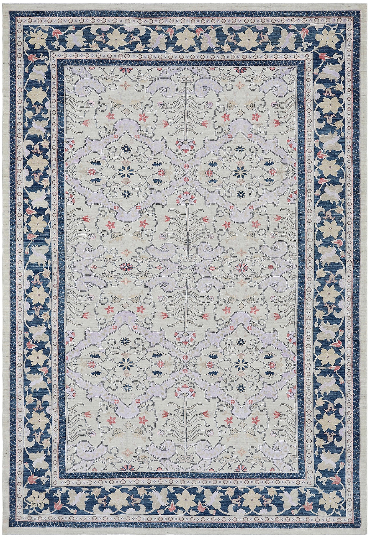 10' x 16' Ariana Floral Light Ivory Rose Peach with Navy Border Transitional Rug