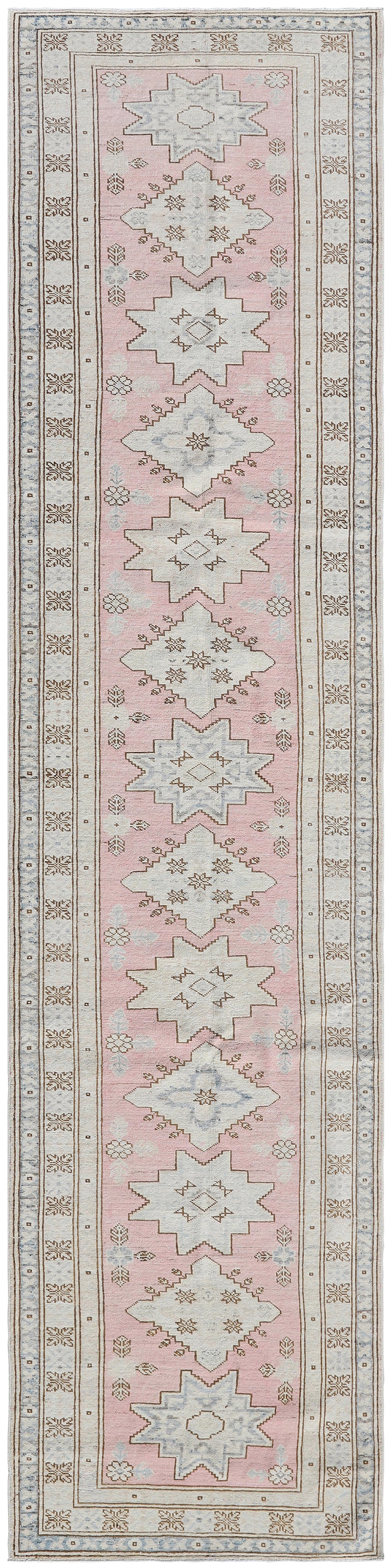 3'x11' Ariana Kazak Design Pink Ivory Blue Hazara Runner Rug