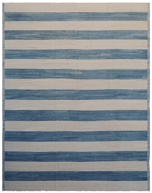 9'x12' Blue and Ivory White Striped Ariana Kilim Rug
