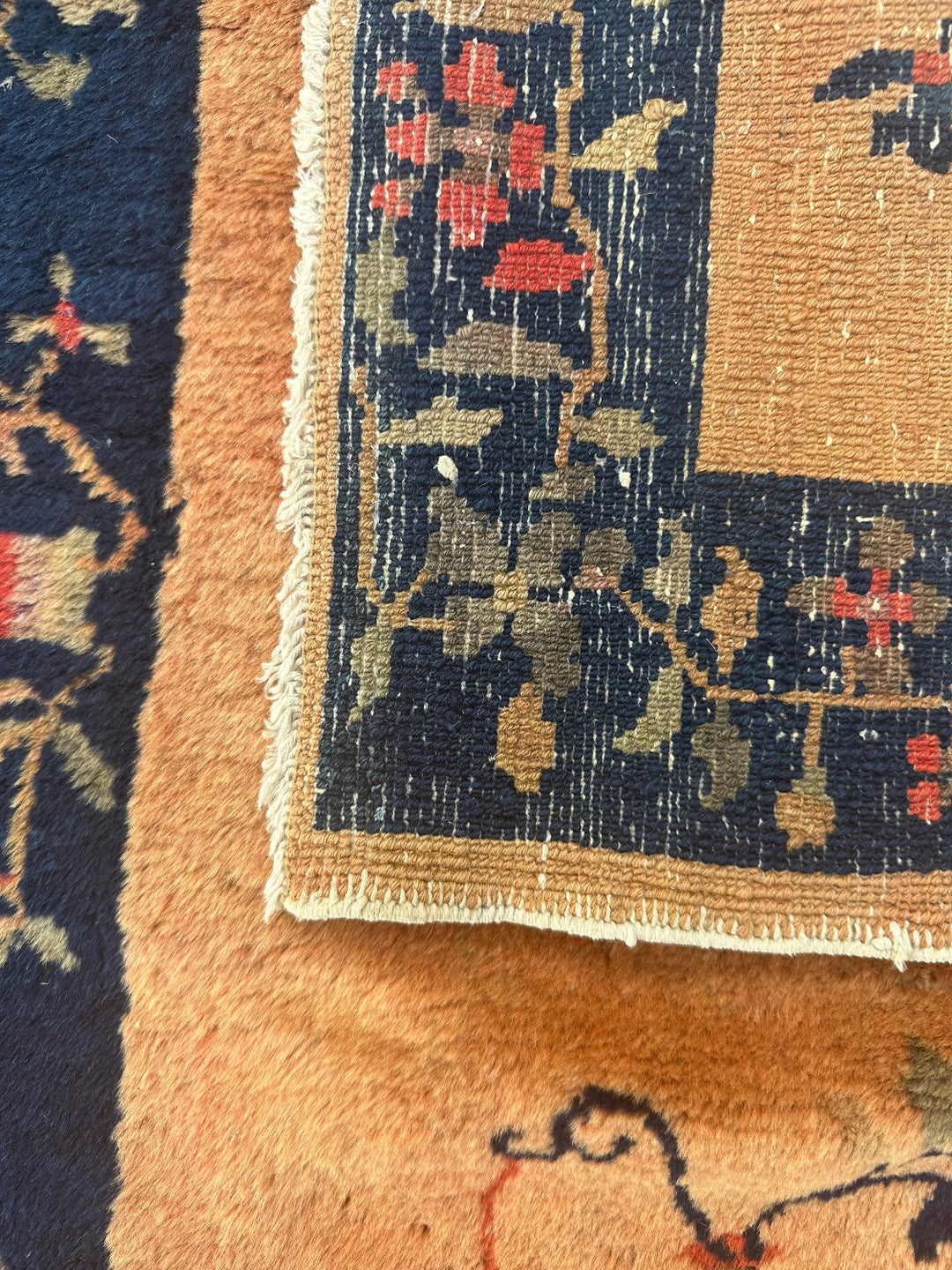 2'x4' Small Brown & Navy Floral Antique Peking Wool Rug