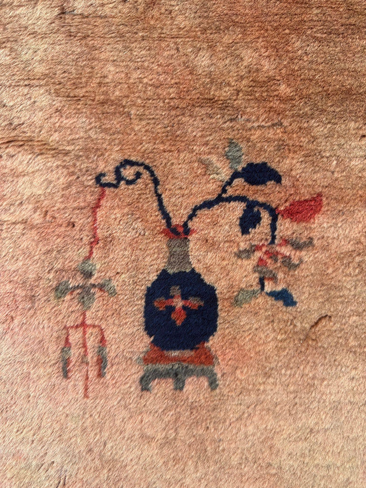 2'x4' Small Brown & Navy Floral Antique Peking Wool Rug