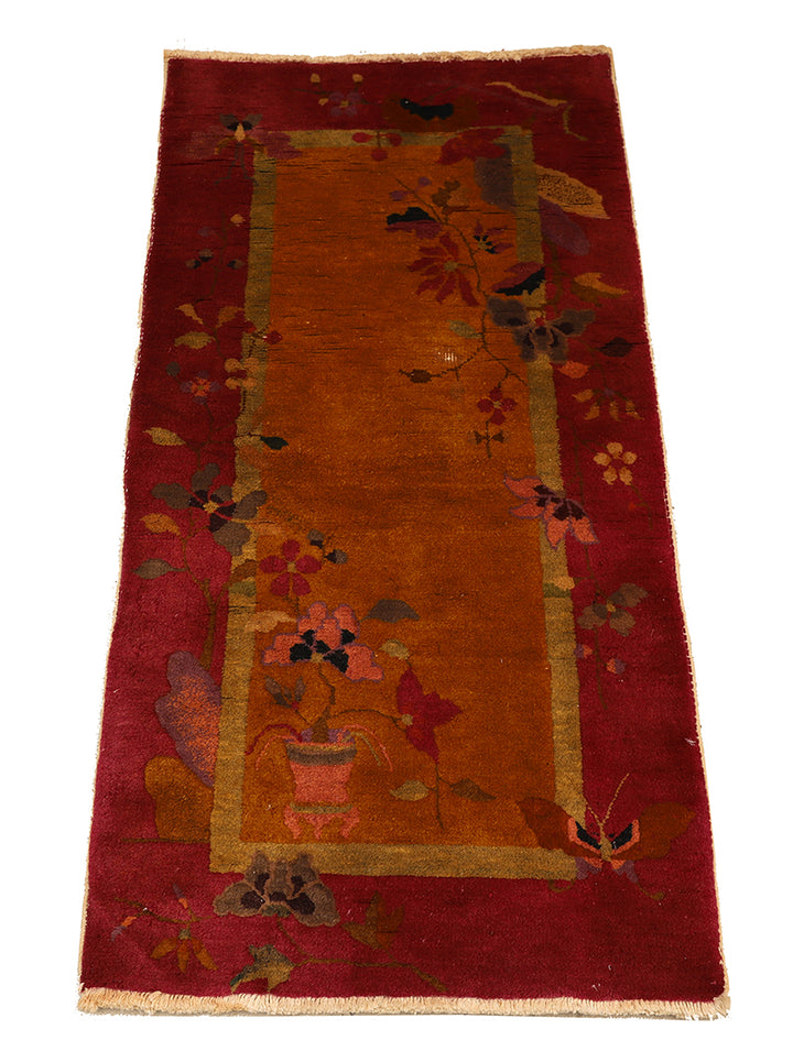 2'x4' Vintage Chinese Art Deco Rug | Red & Gold Hand Knotted