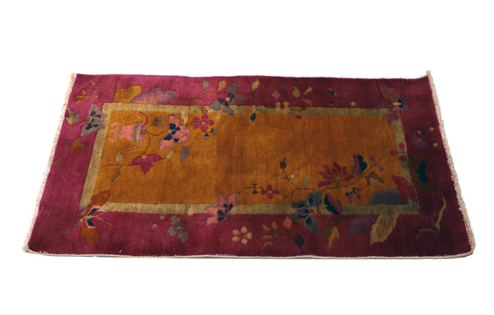2'x4' Vintage Chinese Art Deco Rug | Red & Gold Hand Knotted