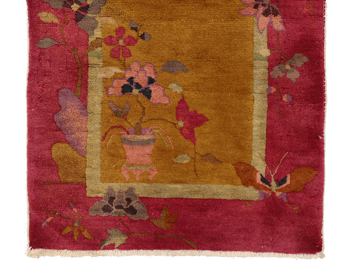 2'x4' Vintage Chinese Art Deco Rug | Red & Gold Hand Knotted