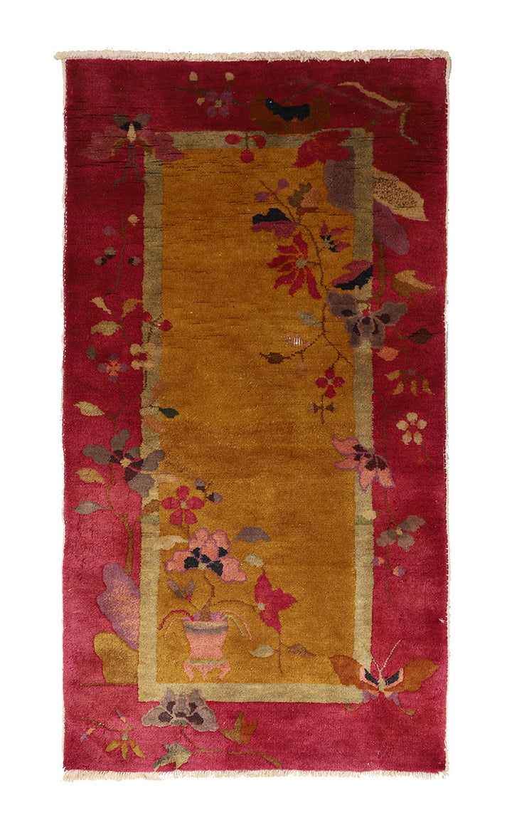 2'x4' Vintage Chinese Art Deco Rug | Red & Gold Hand Knotted