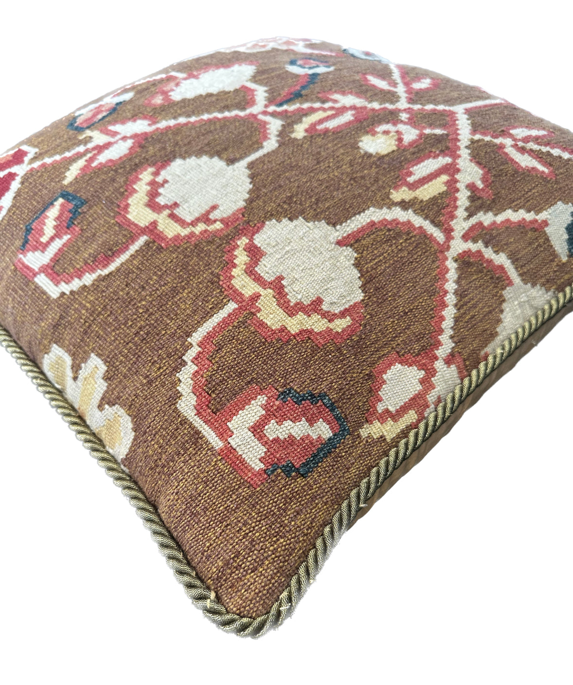 18"x18" Brown Floral Wool with Silk Backing Pillow