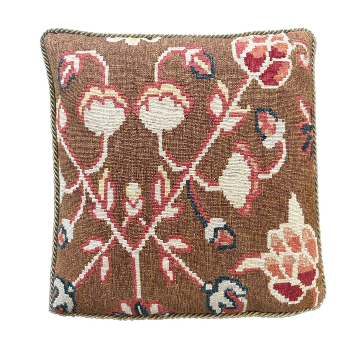 18"x18" Brown Floral Wool with Silk Backing Pillow