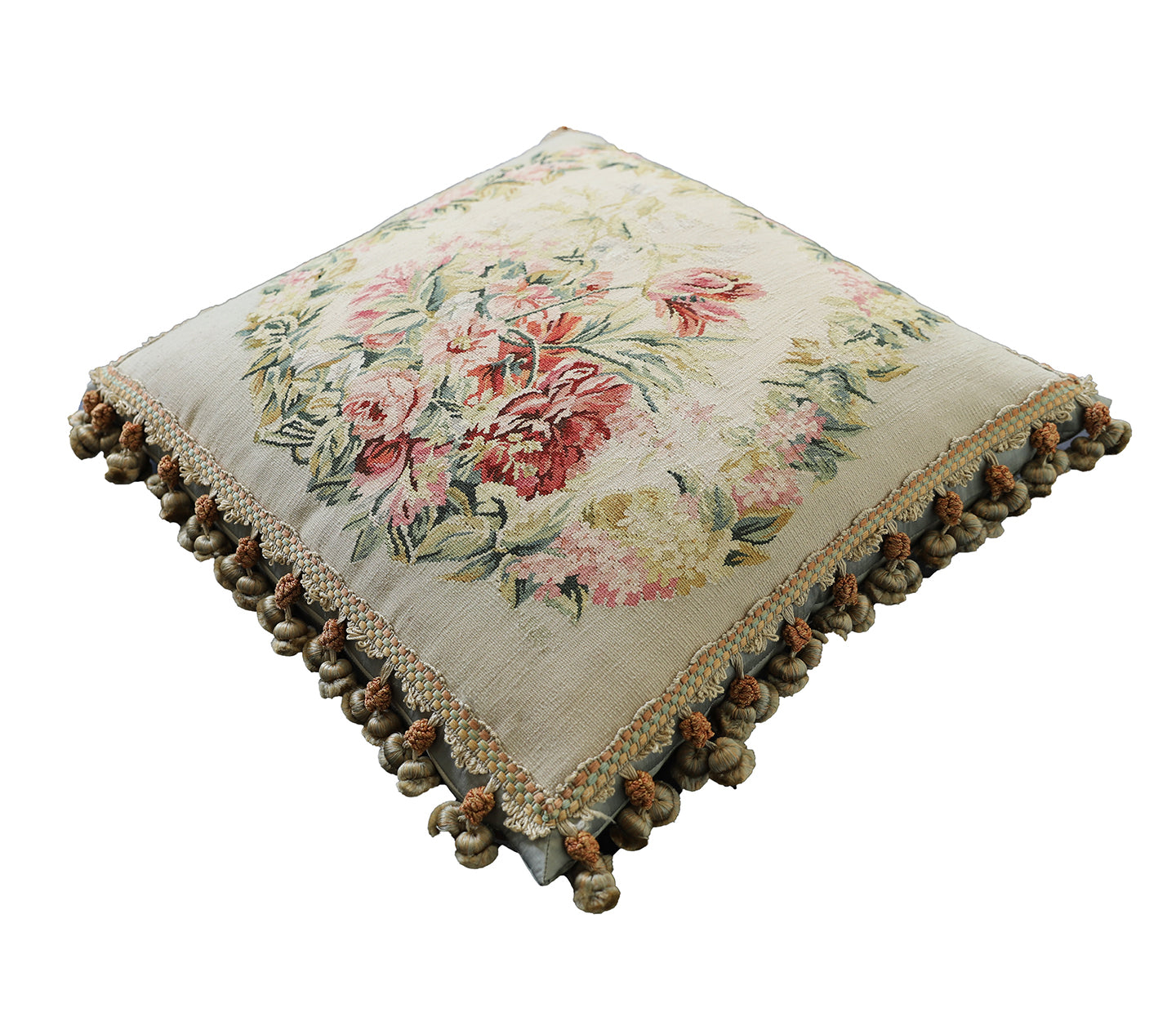 20"x20" Square Fine Floral Silk and Wool Aubusson Pillow