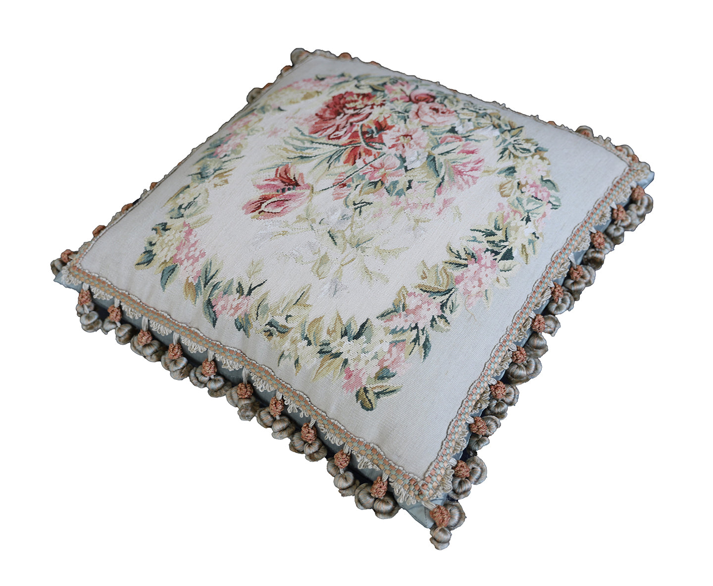 20"x20" Square Fine Floral Silk and Wool Aubusson Pillow