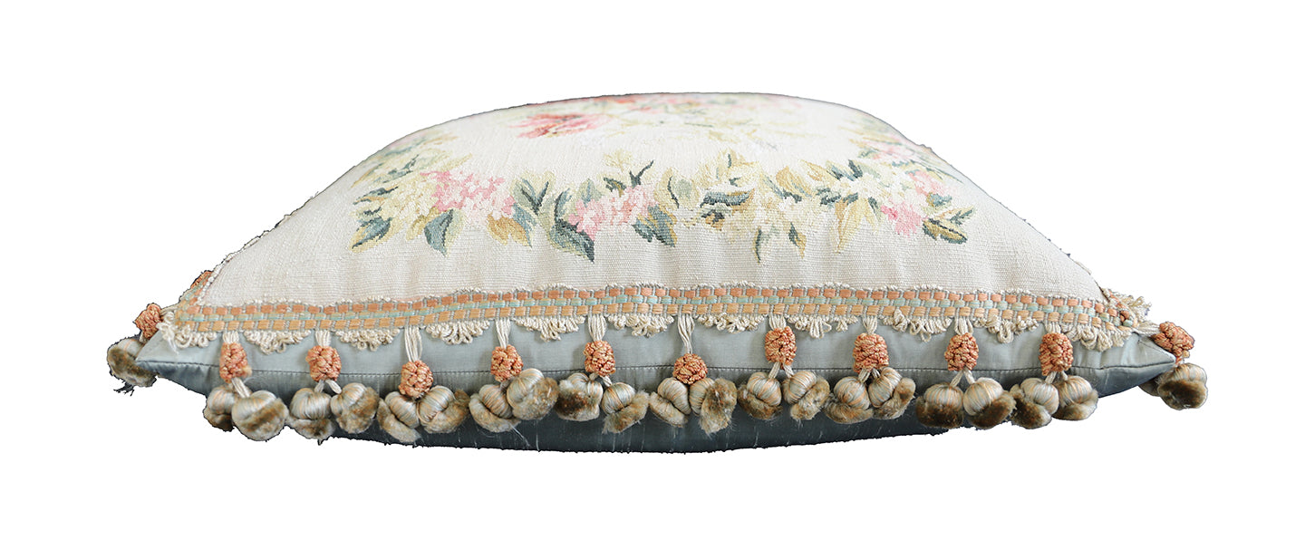20"x20" Square Fine Floral Silk and Wool Aubusson Pillow