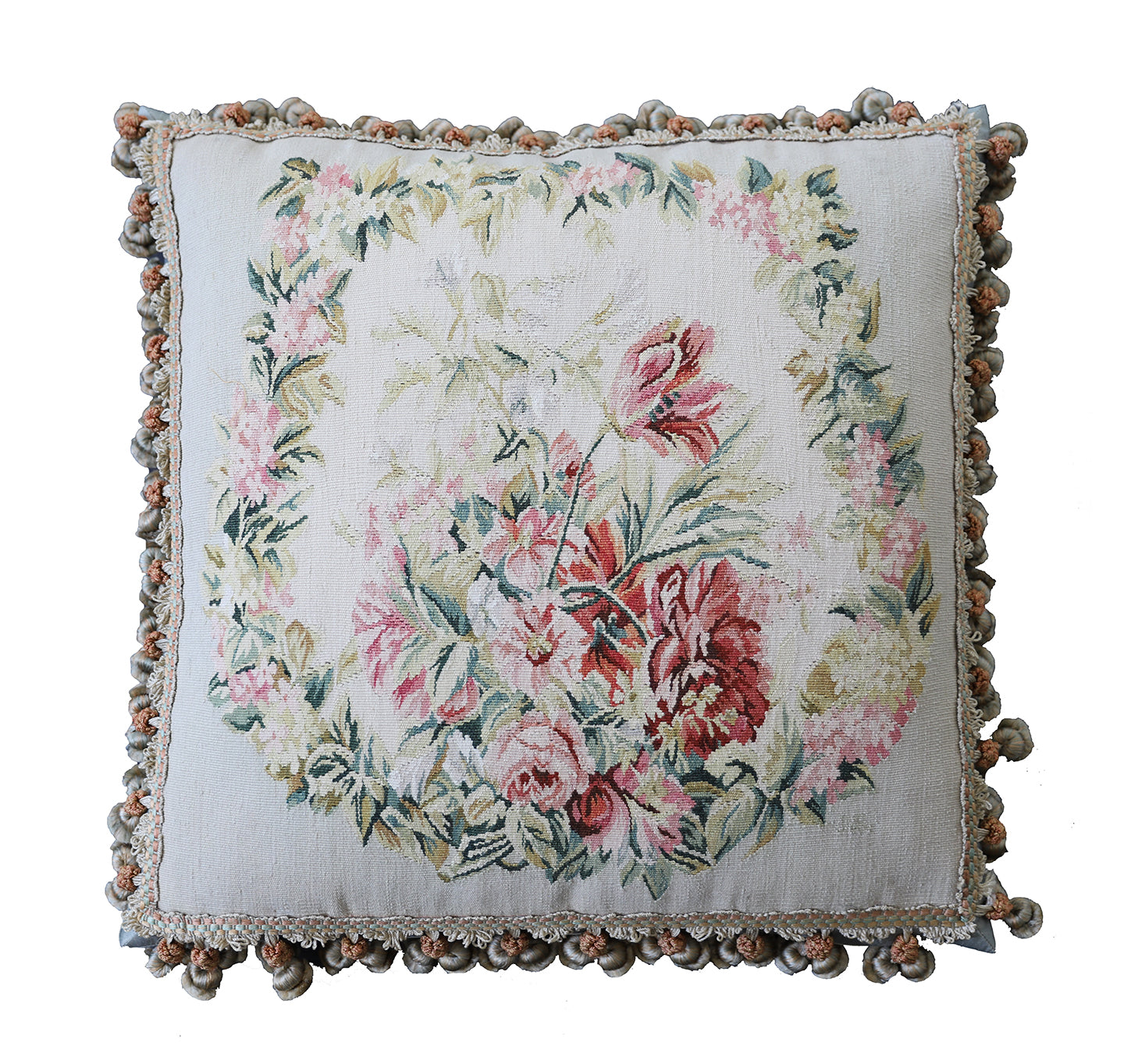 20"x20" Square Fine Floral Silk and Wool Aubusson Pillow