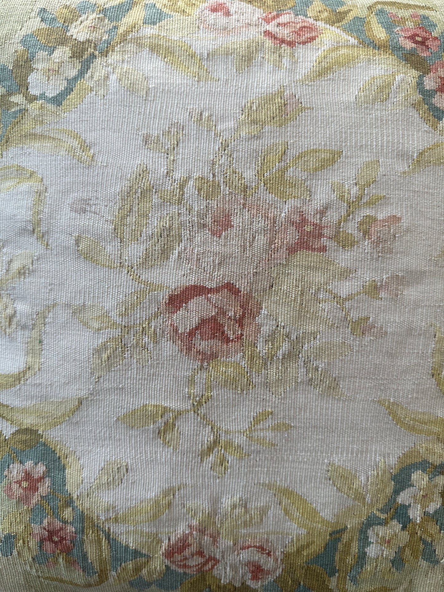 19" x 19" Green Beige Floral Wool and Silk Aubusson Pillow