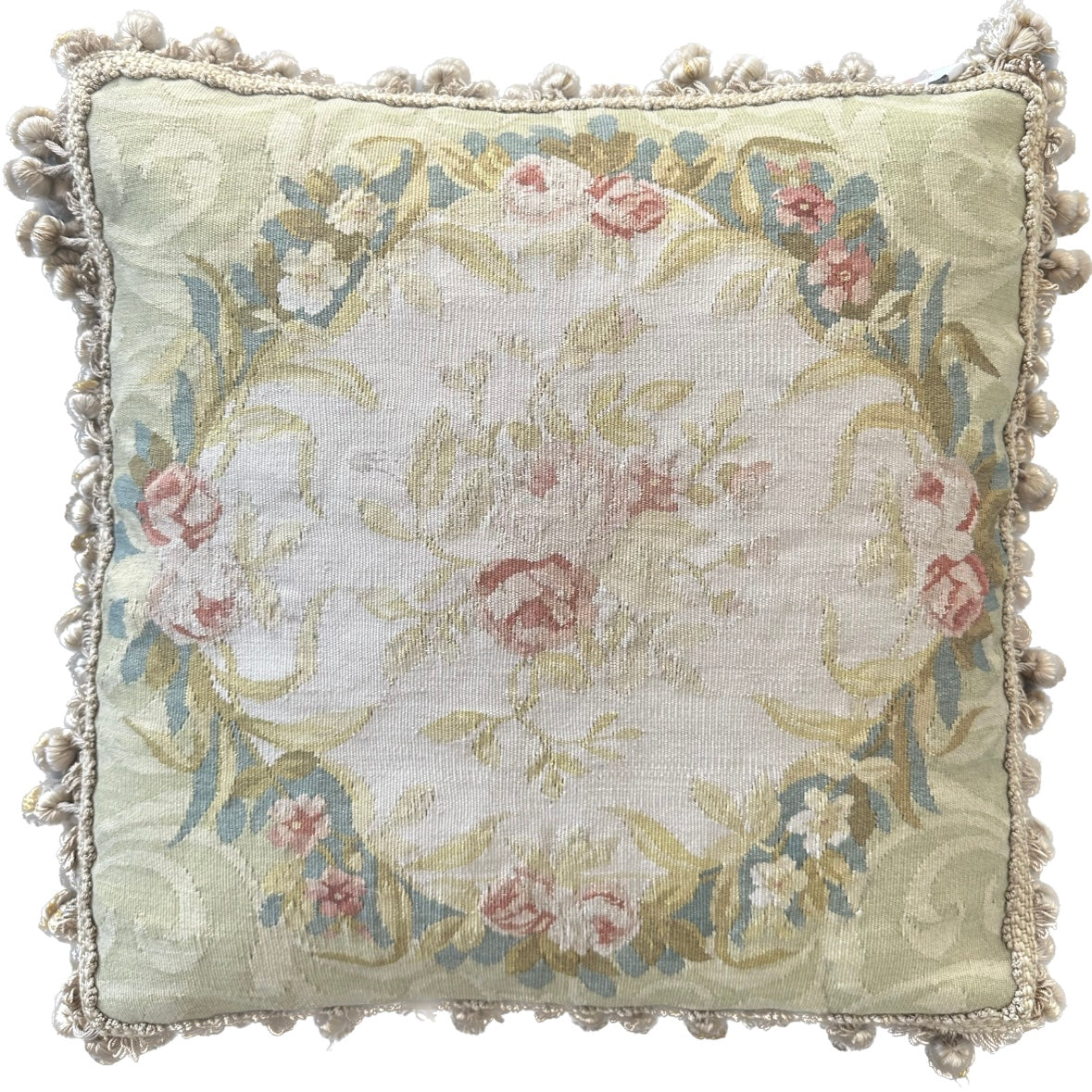19" x 19" Green Beige Floral Wool and Silk Aubusson Pillow