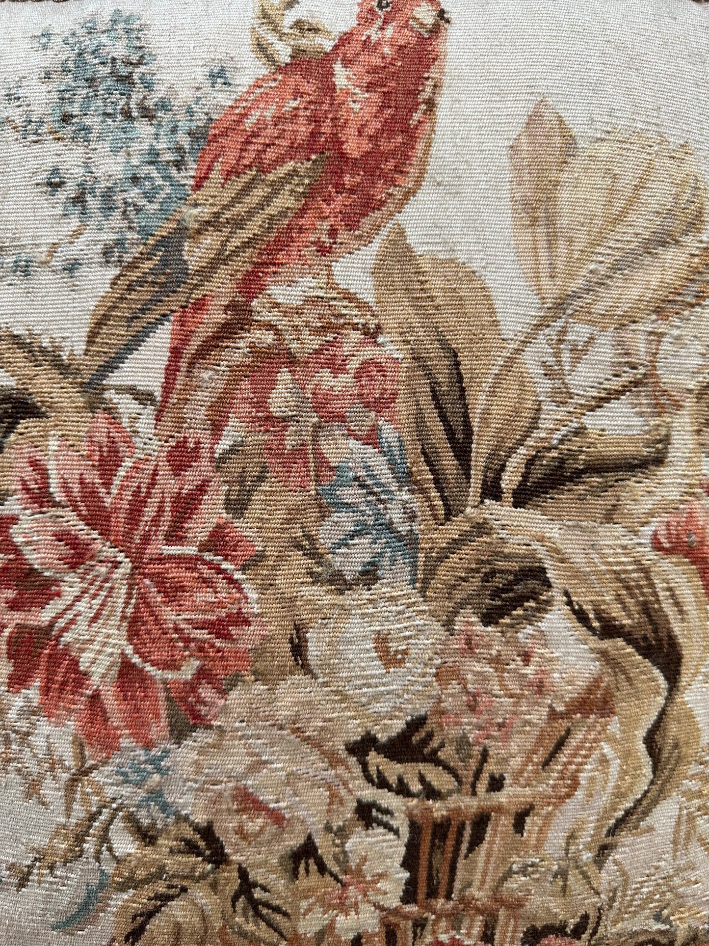 20" x 20" Cream and Red Floral Pictorial Aubusson PIllow