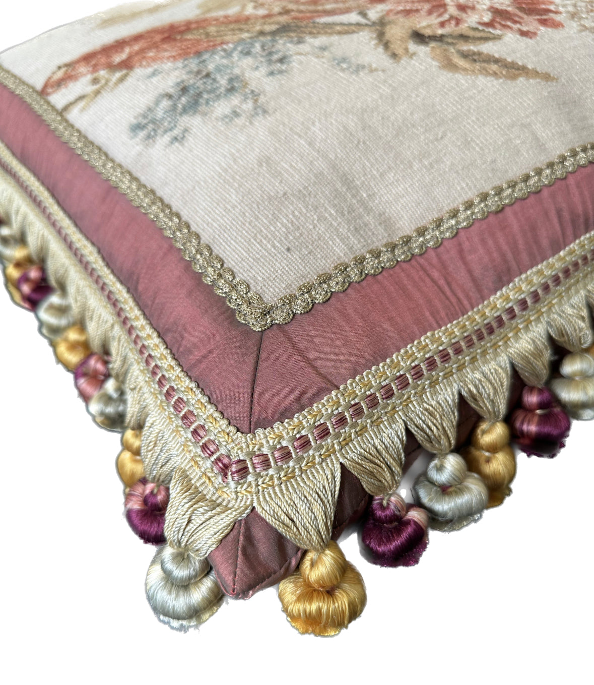 20" x 20" Cream and Red Floral Pictorial Aubusson PIllow