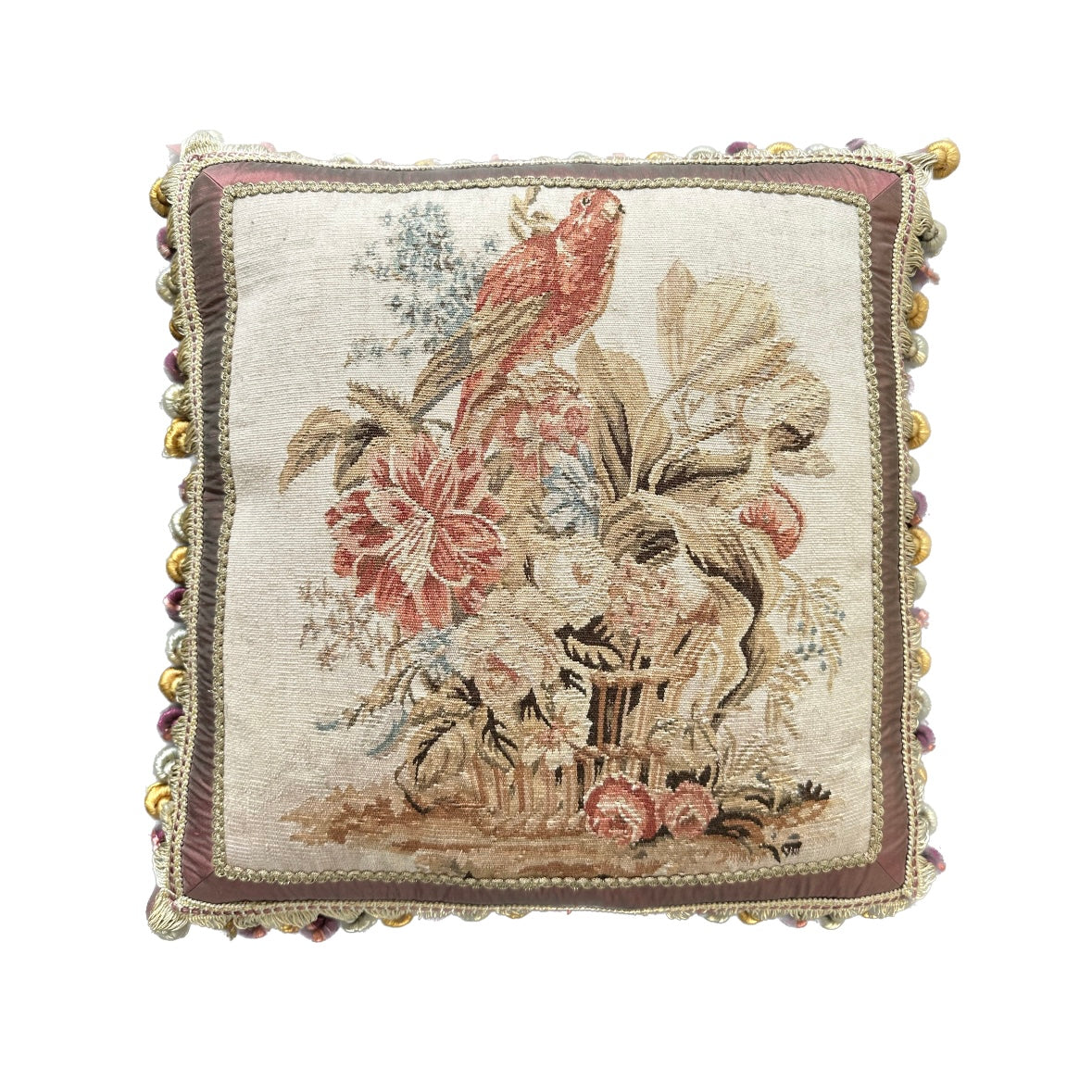 20" x 20" Cream and Red Floral Pictorial Aubusson PIllow