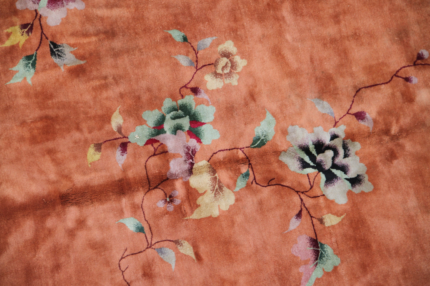 9x12 Orange and Green Floral Vintage Chinese Art Deco Rug
