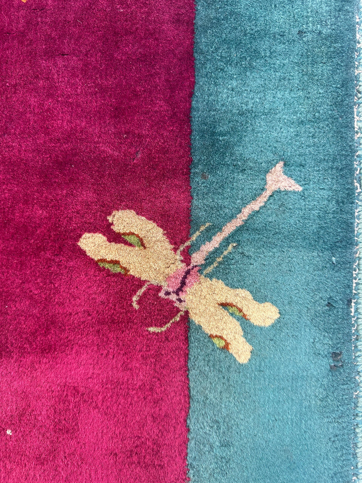 3'x5' Magenta Red and Green Floral Chinese Art Deco Wool Rug