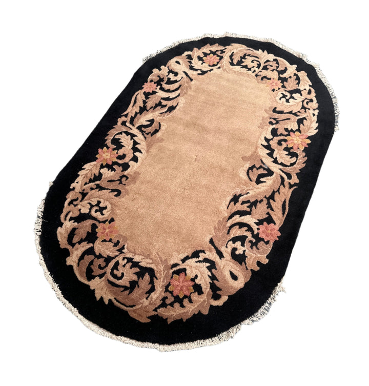 3'x5' Small Oval Black and Beige Chinese Art Deco Rug