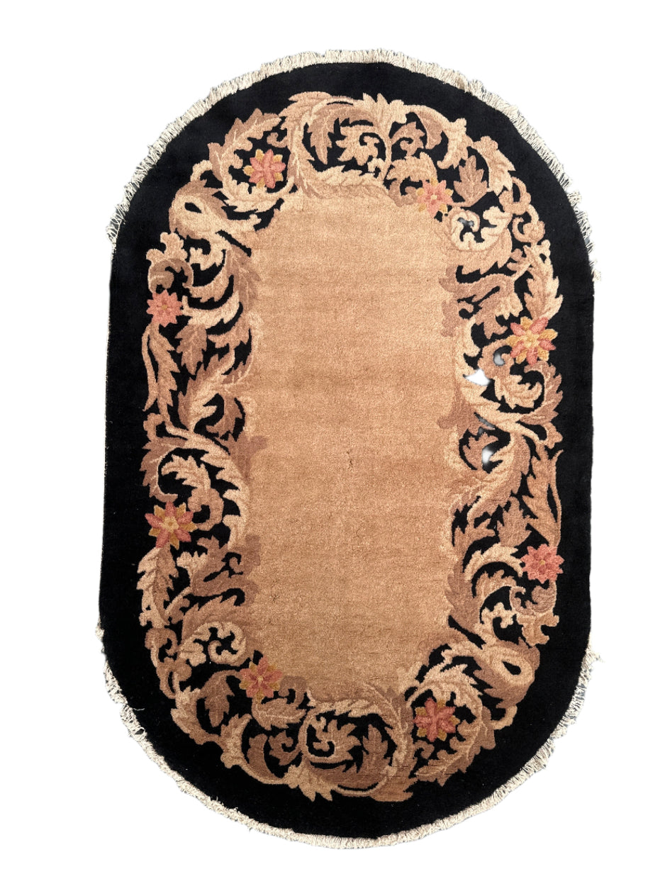 3'x5' Small Oval Black and Beige Chinese Art Deco Rug