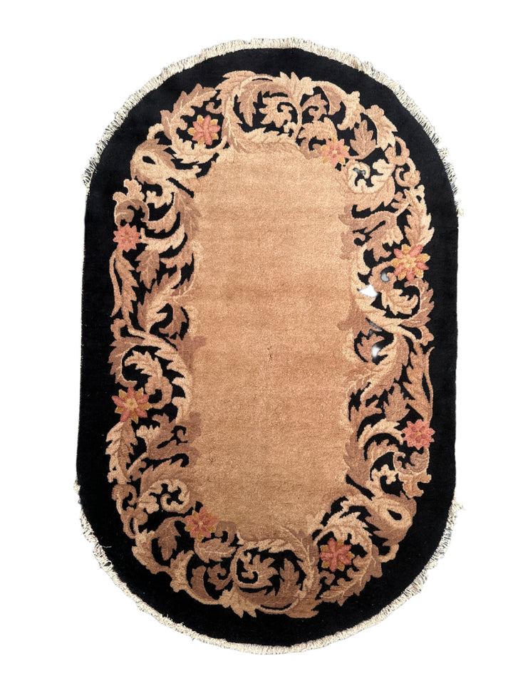 3'x5' Small Oval Black and Beige Chinese Art Deco Rug