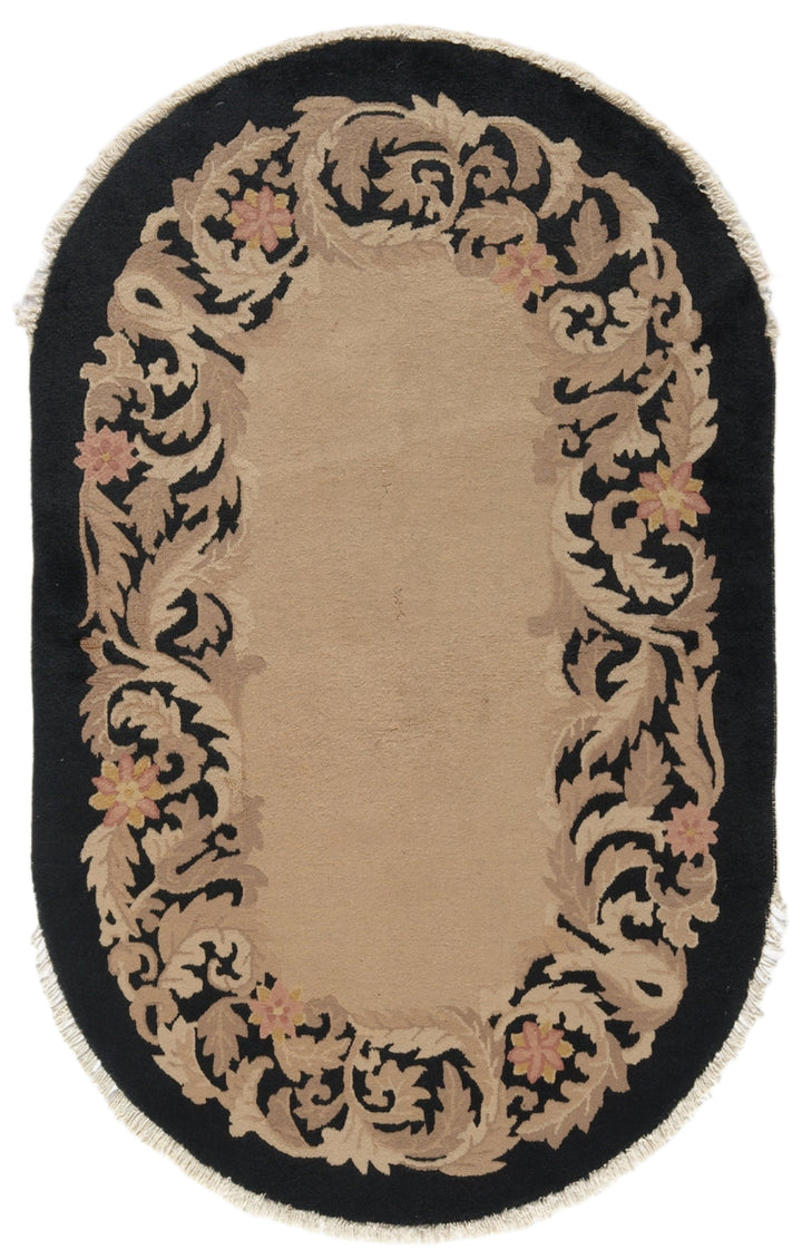 3'x5' Small Oval Black and Beige Chinese Art Deco Rug