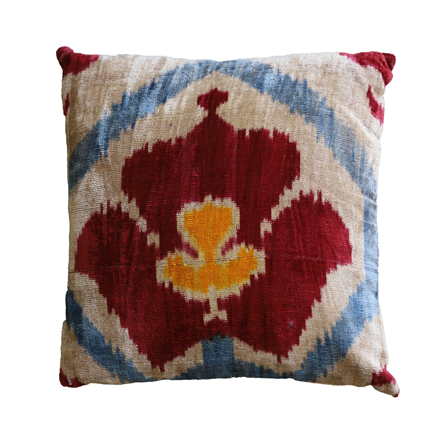 16"x16" Red Cream Blue and Yellow Square Velvet Ikat Pillow