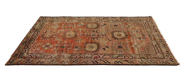 4'x8' Vintage Khotan Rug | Hand-Knotted Terracotta | Geometric Medallions