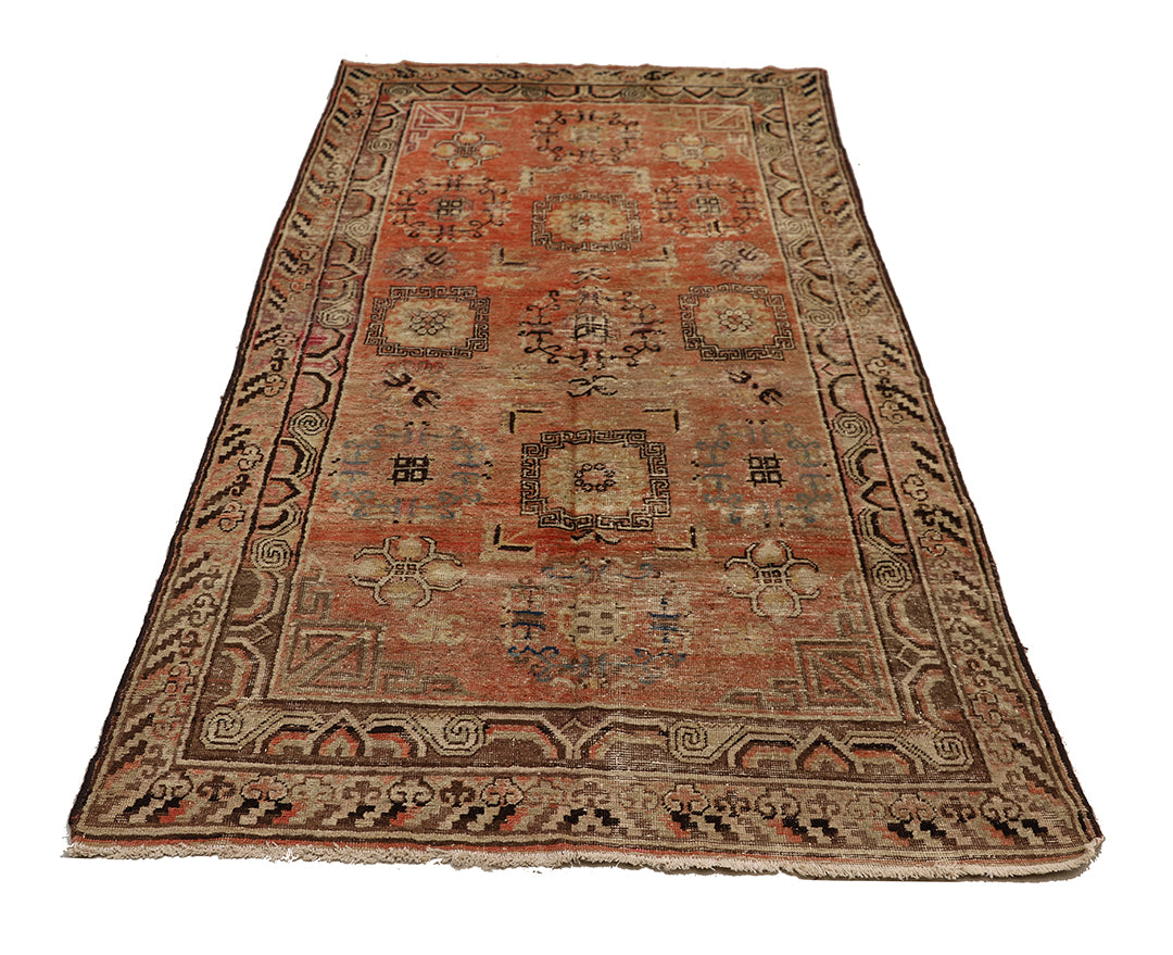 4'x8' Vintage Khotan Rug | Hand-Knotted Terracotta | Geometric Medallions