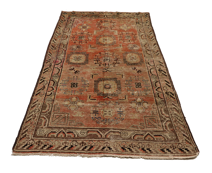 4'x8' Vintage Khotan Rug | Hand-Knotted Terracotta | Geometric Medallions