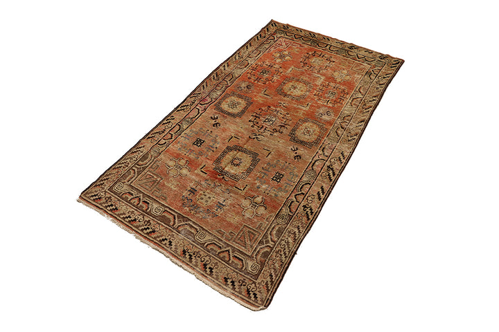 4'x8' Vintage Khotan Rug | Hand-Knotted Terracotta | Geometric Medallions