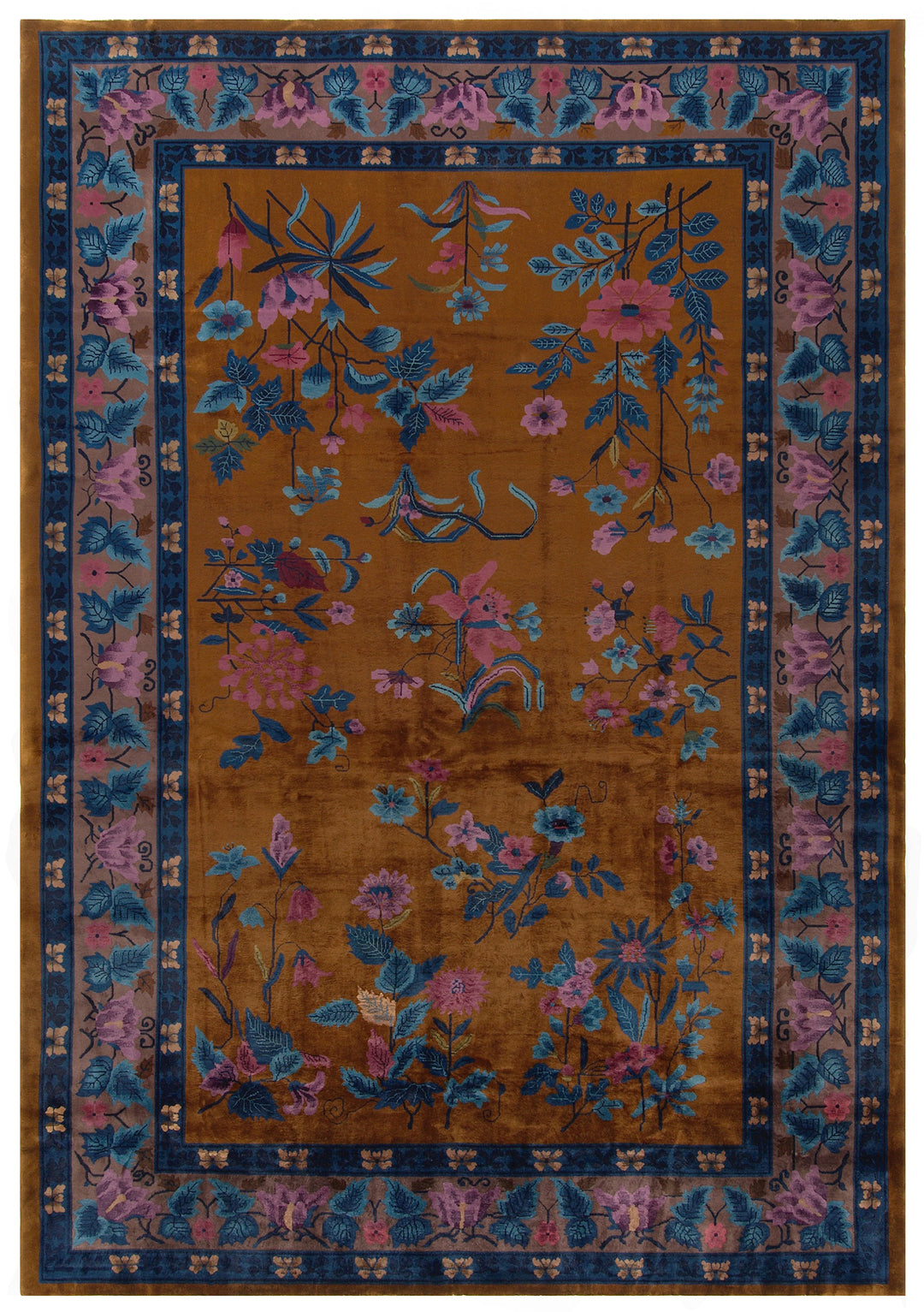 10'x14' Brown and Blue Floral Chinese Art Deco Rug