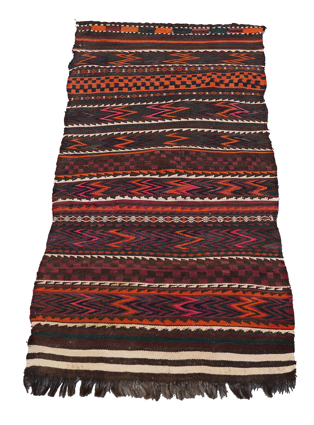 2'x4' Vintage Red and Brown Geometric Tribal Uzbek Kilim Rug