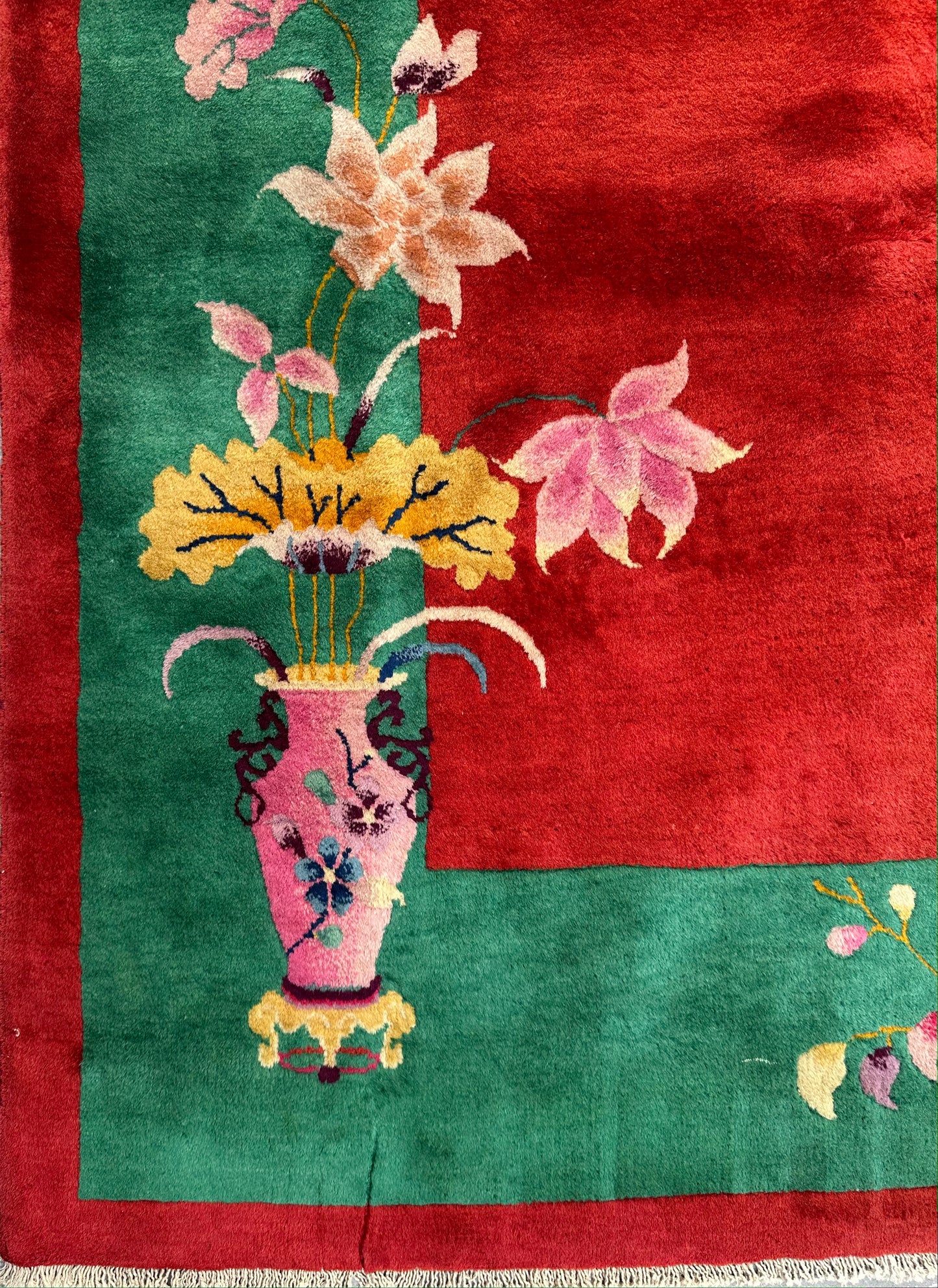 9'x11' Ruby Red and Emerald Green Floral Vintage Chinese Art Deco Rug