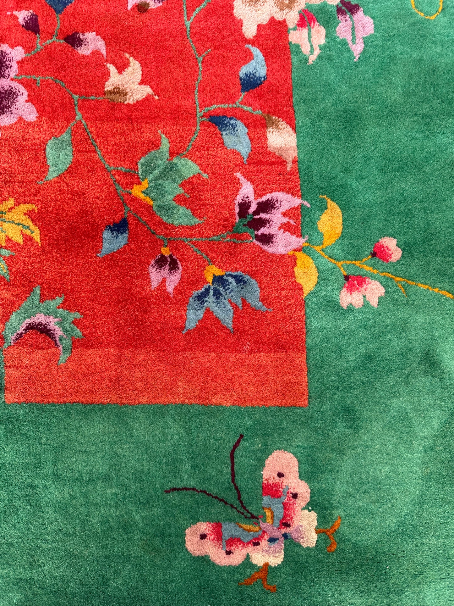 9'x11' Ruby Red and Emerald Green Floral Vintage Chinese Art Deco Rug