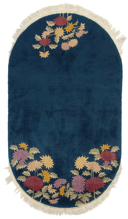 7'x4' Blue Floral Oval Vintage Chinese Art Deco Rug