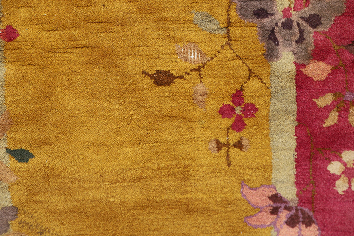 2'x4' Vintage Chinese Art Deco Rug | Red & Gold Hand Knotted
