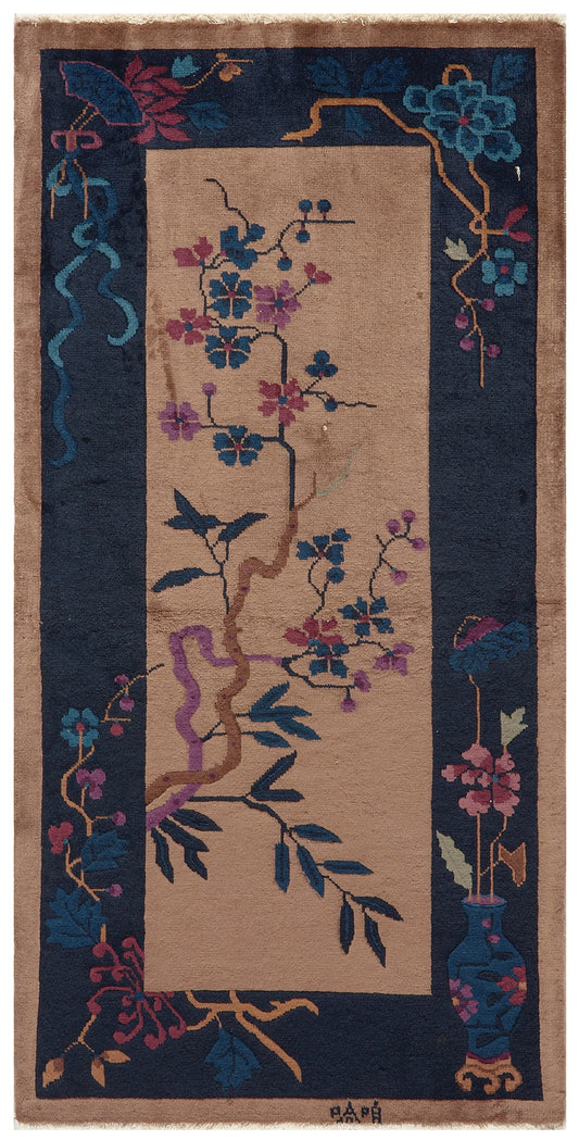 2'x5' Brown and Navy Floral Chinese Art Deco Rug